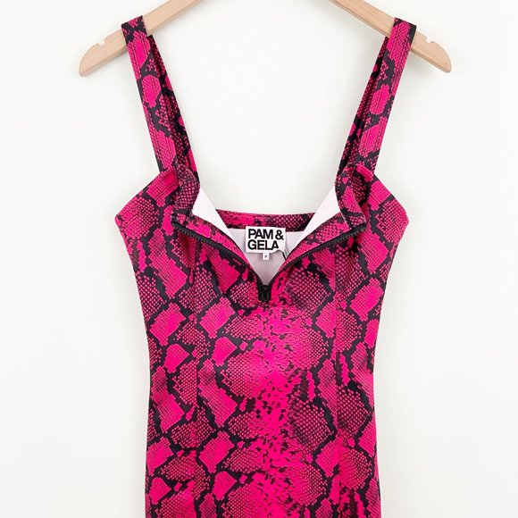 NWT Pam & Gela x Anthropologie | Red Pink Baby Boa Snakeskin Print Mini Dress - Picture 5 of 7